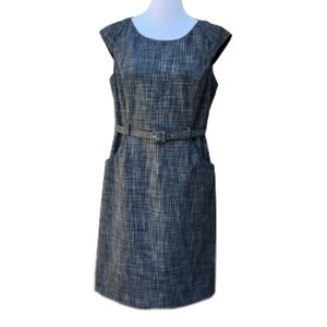 Merona Classic Sheath Dress Gray Black Cap Sleeves Pockets Belt Workwear